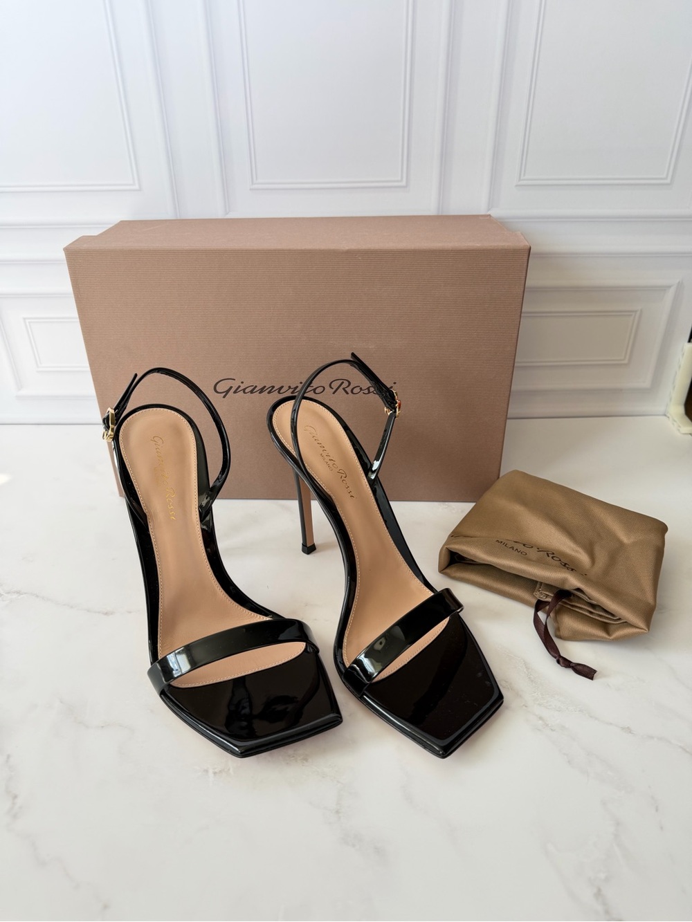 Gianvito Rossi Ribbon Stiletto 105 Black Patent Sandals Heels EU 39 NIB